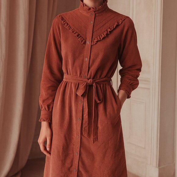 Vintage Dresses & Skirts - Vintage 1970's RoadRunner Corduroy Western Terracotta Button Up Midi Dress Sz 8